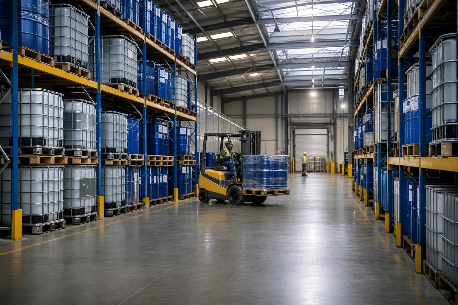 Illustrative industrial chemical warehousing with IBCs and drums